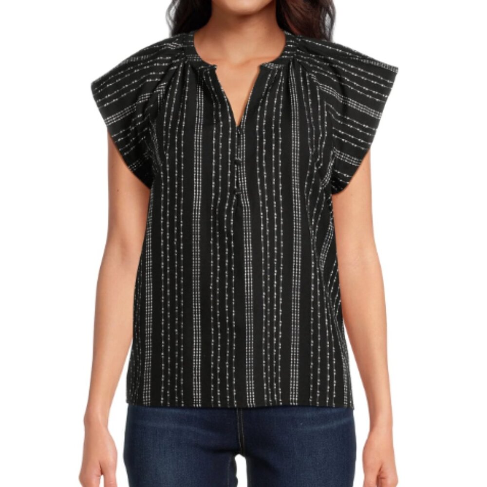 Time and Tru XL Short Sleeve Blouse Top Black White Cotton & Rayon